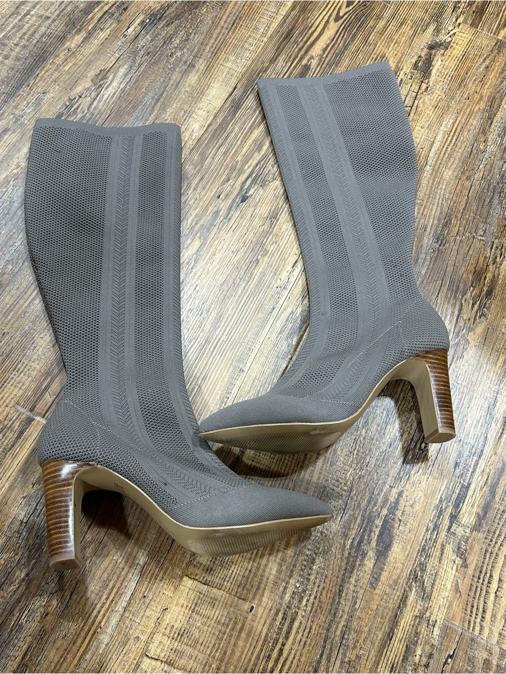 Charles David Taupe Stretch-Knit Mid-Calf Sock Heel Boots